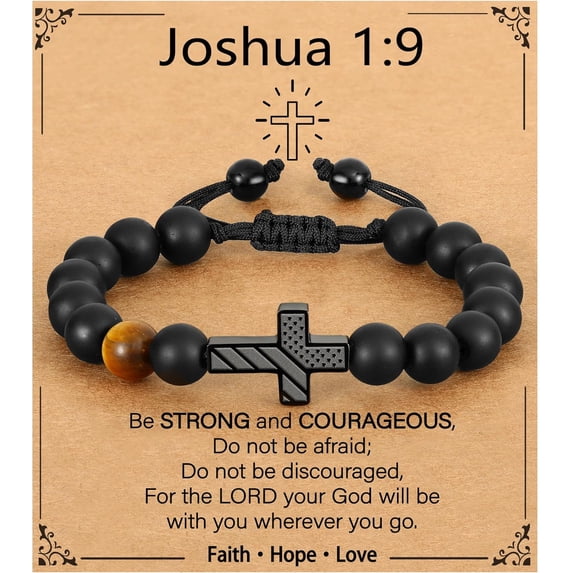 Cross Bracelet for Men Gifts, American Flag Cross Beads Bracelet Christian Christmas Easter Baptism Jewelry Gifts for Son Grandson
