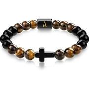 MONEBENA Cross Bracelet for Men Initial Tigers Eye Black Onyx Natural Stone Beads Beaded Christian Bracelet Birthday Fathers Day Gifts for Men -A01