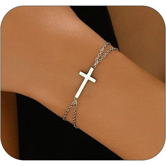 Cross Bracelet for Women 18K Gold Plated Dainty Pearl Beaded Cross Bracelets Adjustable Stainless Steel Trendy Wedding Bridesmaid Jewelry