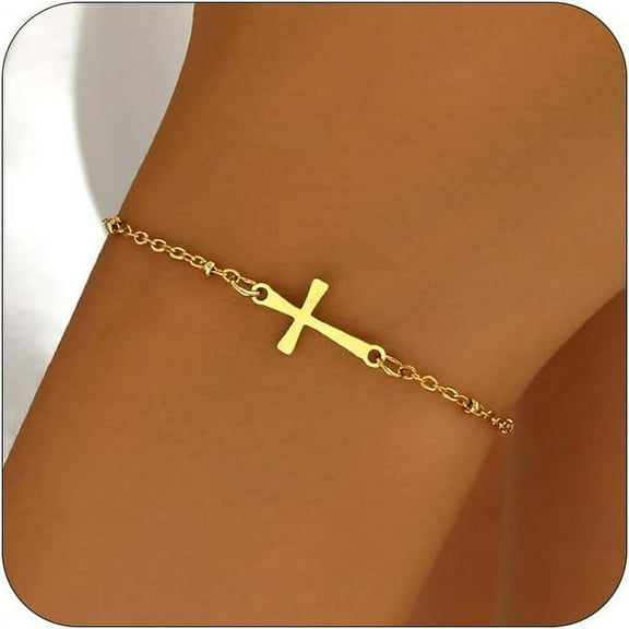 Cross Bracelet for Women 18K Gold Plated Dainty Pearl Beaded Cross Bracelets Adjustable Stainless Steel Trendy Wedding Bridesmaid Jewelry