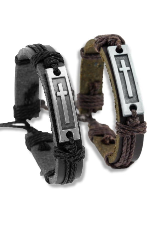 Cross Bracelets 2 Pack: Confirmation Gifts for Men, Boys Adjustable Wrap Bracelet 2-Pack (Black & Brown)