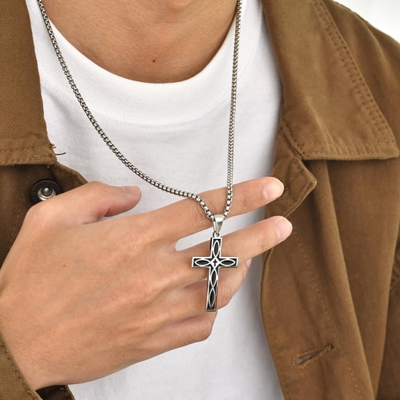 Cross Celtic Knot Viking Pendant Necklace for Men Women, 14K White Gold Cross Christ Prayer Faith Jewelry Box Chain Collar