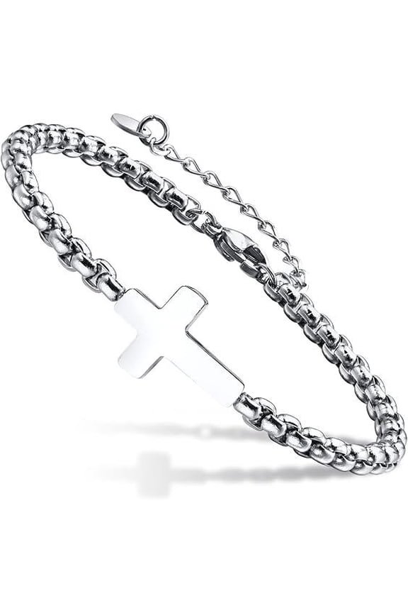 Cross Chain Bracelet for Men, Silver/Black Stainless Steel Cross Pendant Men's Bracelet, Religious Beliefs Easterholicism Christianity God Jesus Communion Baptism Jewelry Gift Men's Chain Bracelet