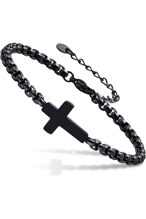 Cross Chain Bracelets for Men Women, Silver/Black Stainless Steel Cross Charms Men's Bracelet, Faith Religious Easter Catholic Christian God Jesus Communion Baptism Jewelry Gift Mens Link Bracelet