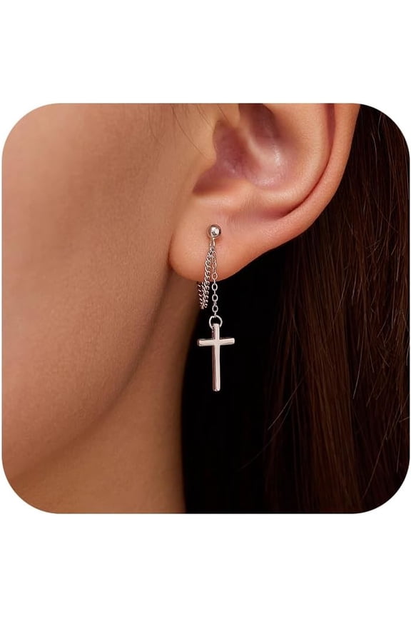 Cross Chain Studs Earrings for Women,925 Sterling Silver Cross Teardrop Chain Dangle Earrings to Daughter 14K Gold Plated Minimalist Religious Belief Earrings Dangle Earrings Christmas Jewelry Gift