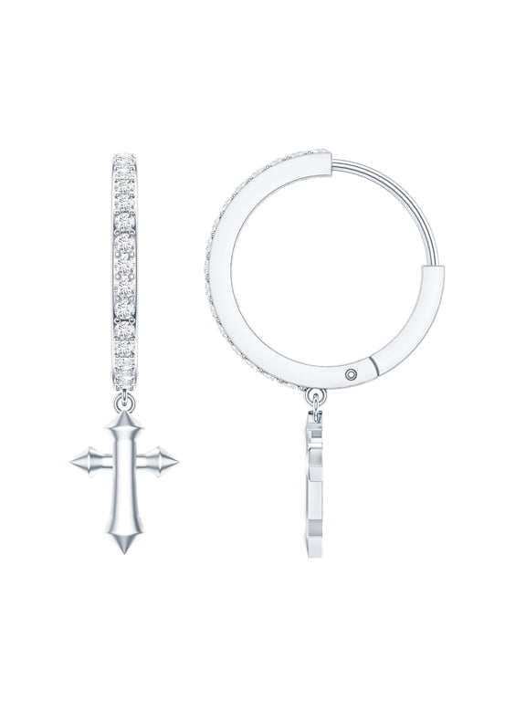 Cross Charm Drop Earrings for Women, Diamond Hinged Hoop Earrings, 14K White Gold