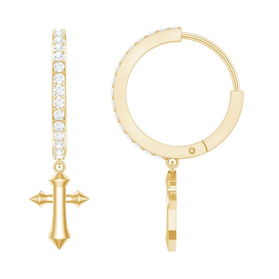 Rosec Jewels Cross Charm Drop Earrings for Women, Diamond Hinged Hoop Earrings, 14K Yellow Gold
