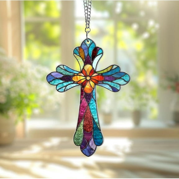 Cross Christian Acrylic Suncatcher, Christian Window Hanging,Stained Glass Cross Suncatcher,Religious Thanksgiving Day Decor,Christmas Decor
