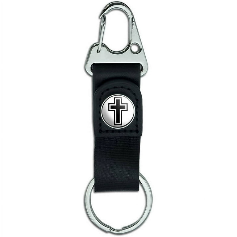 Cross, Christian Religious Belt Clip On Carabiner Leather Keychain