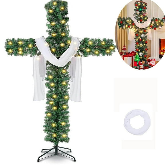 Cross Christmas Tree 5FT,Artificial Pine Christmas Cross,Skinny Cross Christmas Tree with String Lights Silk Scarf,Jesus Christ Catholic Cross Decor,Xmas Holiday Home Indoor Outdoor Decorations