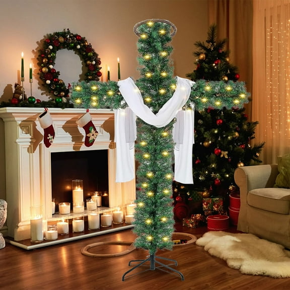 Cross Christmas Tree, Foldable Christmas Tree with Lights, Cross Shaped Christmas Tree, Outdoor Staked Christmas Trees with Christmas Scarf, Wood Rattan Ring With LED Light(6Ft)