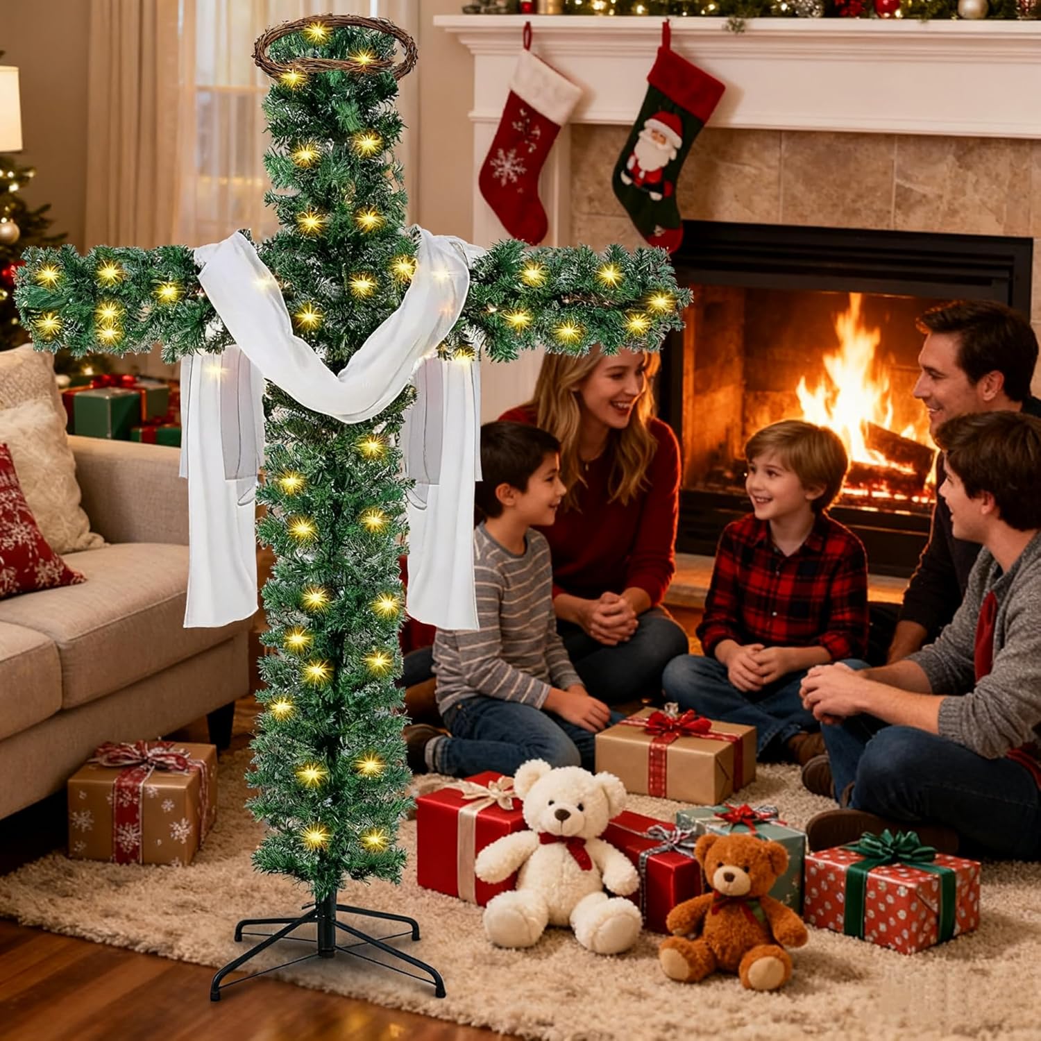 Crossmas Tree Cross Christmas Tree, Foldable Cross Christmas Tree 6ft, with Light ...