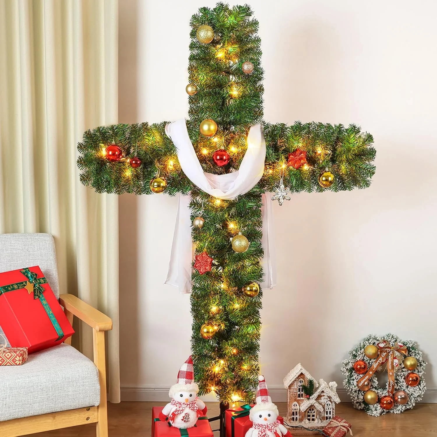 Crossmas Tree Cross Christmas Tree, Foldable Cross Christmas Tree, Faux Pre-Lit ...