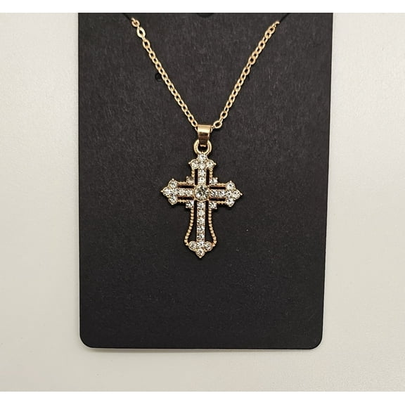 Cross Clear Zircon Vintage Style Necklace, Gold Tone