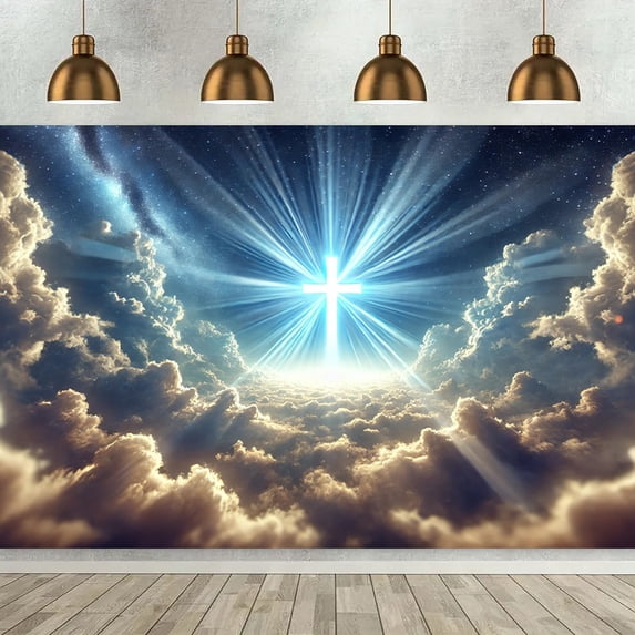 Cross in Clouds Backdrop Holy Crucifix Radiant Sky Cloud Photography Background Jesus Religious Faith Backdrop Christian Church Baptism Events Decor Photography Photo Props