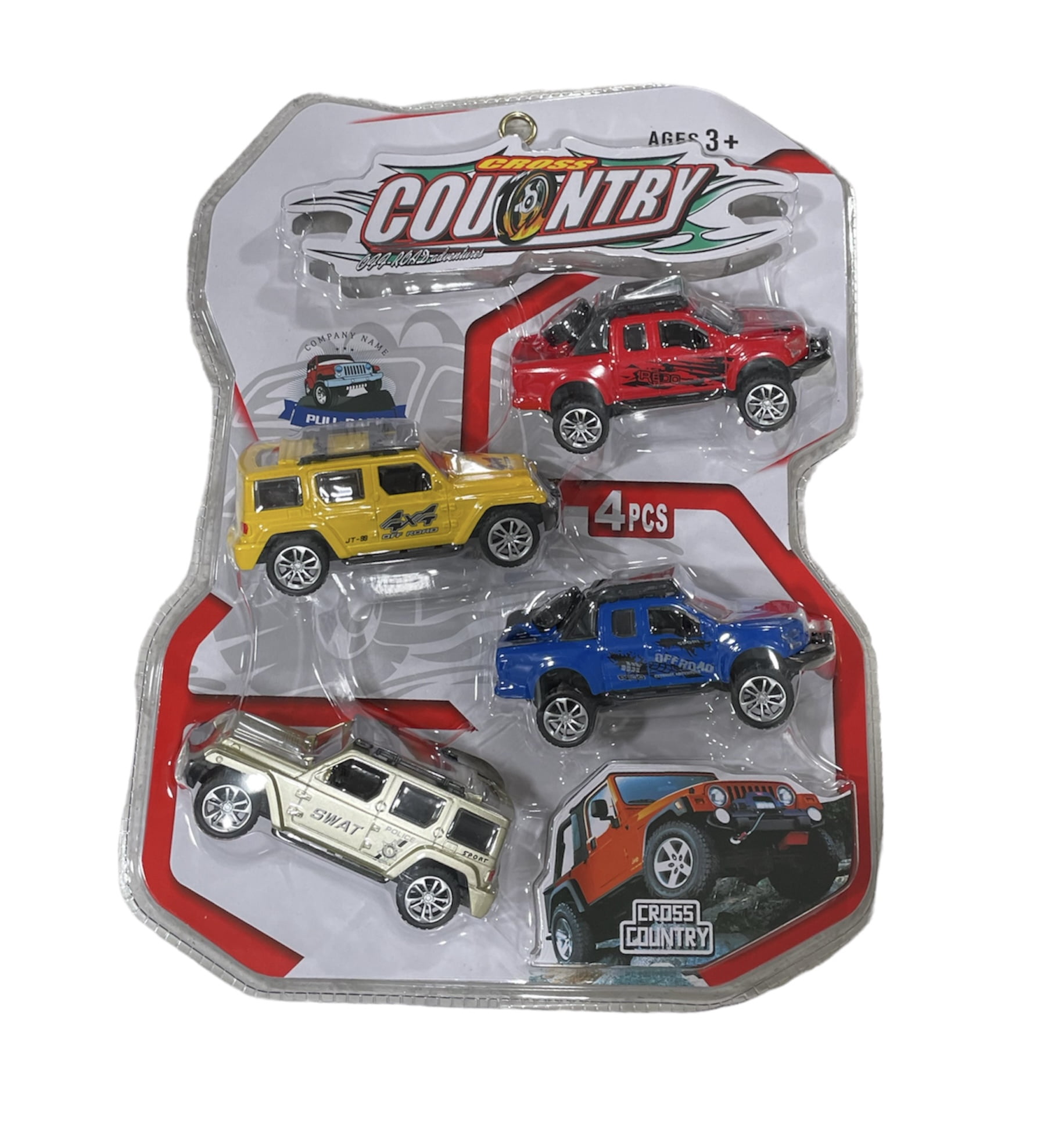 Cross Country PullBack Friction Power Off Road Cars Toys Trucks 4 Pack