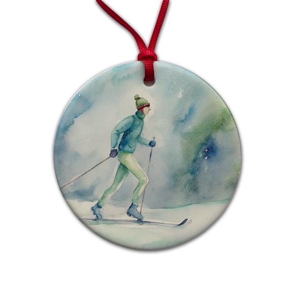 Cross Country Skiing Watercolor Christmas Tree Holiday Round Ceramic Ornament