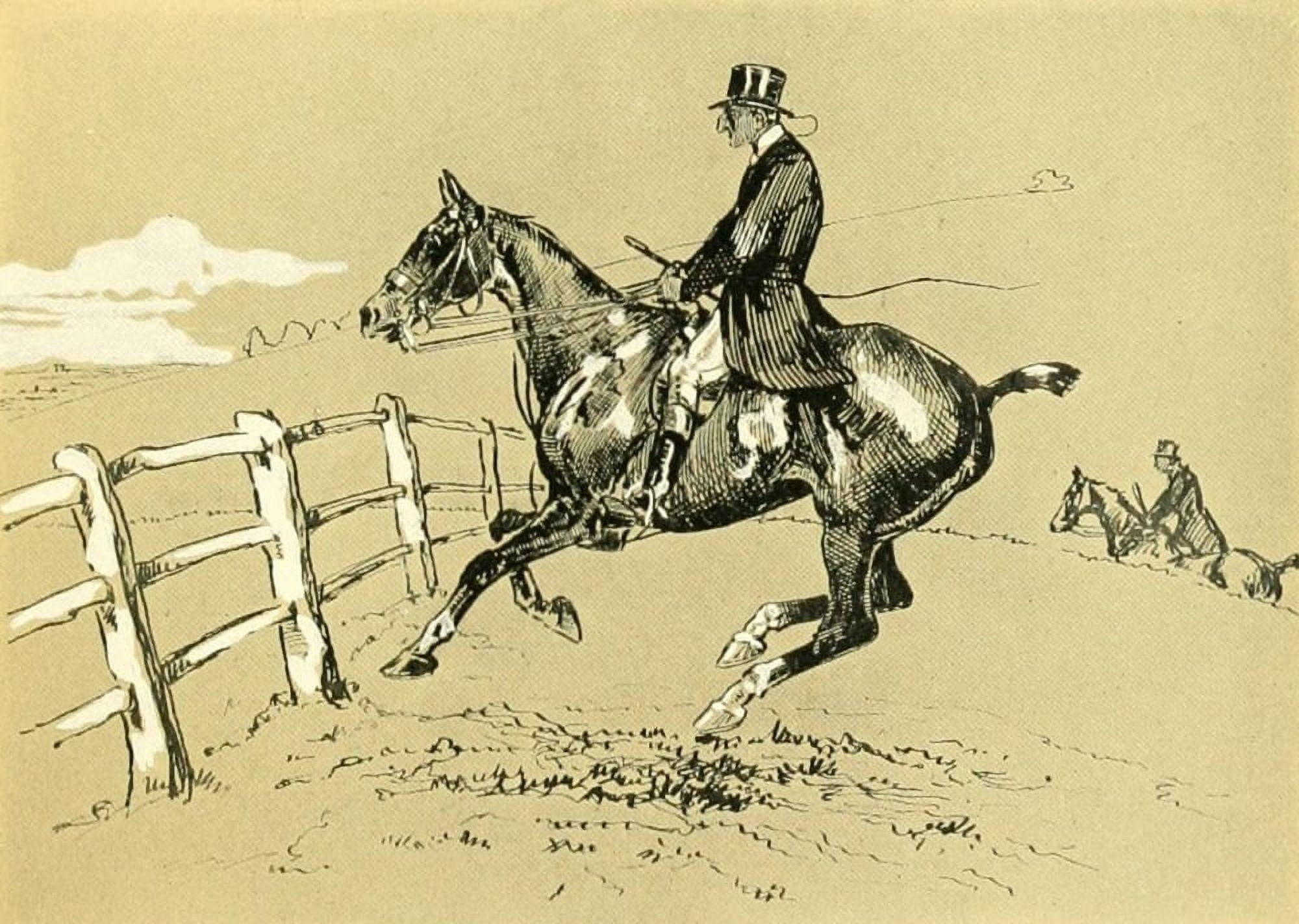 Cross Country with Horse & Hound 1902 Slow at timber hocks well under Canvas Art - J Crawford Wood (18 x 24)