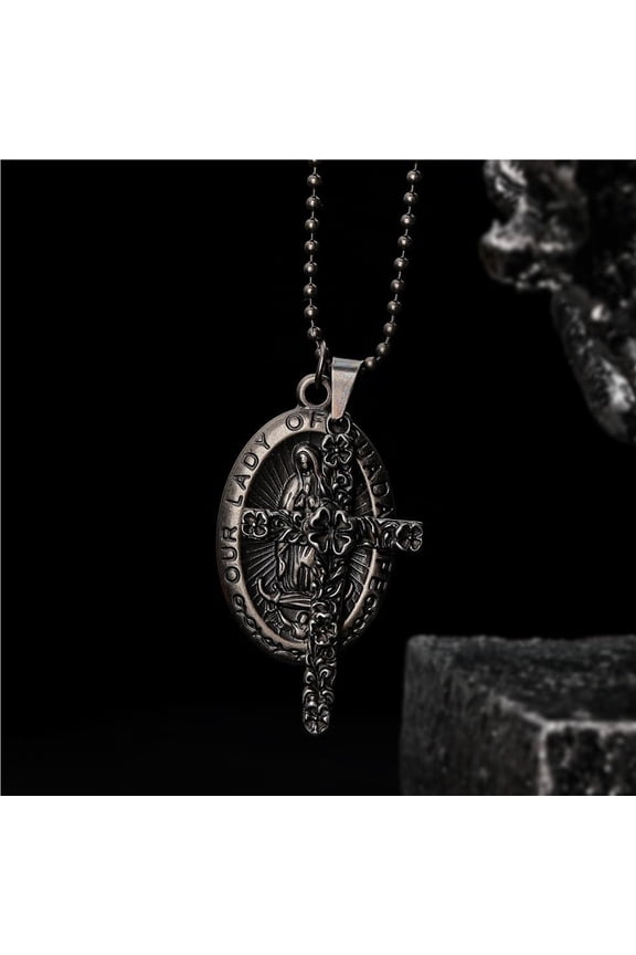 Cross Couple Mary Cross Retro Medallion Necklace Women,Silver Color