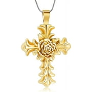 HEARBEINGT Cross Cremation Jewelry For Ashes Rose Shape Stainless Steel Cross Memorial Cremation Ashes Urn Necklace Keepsake Jewelry