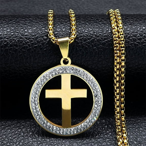 Cross Crystal 14K Yellow Gold Round Pendant Necklace Women/Men Gold Color Christian Chain Necklaces Jewelry colgantes mujer moda