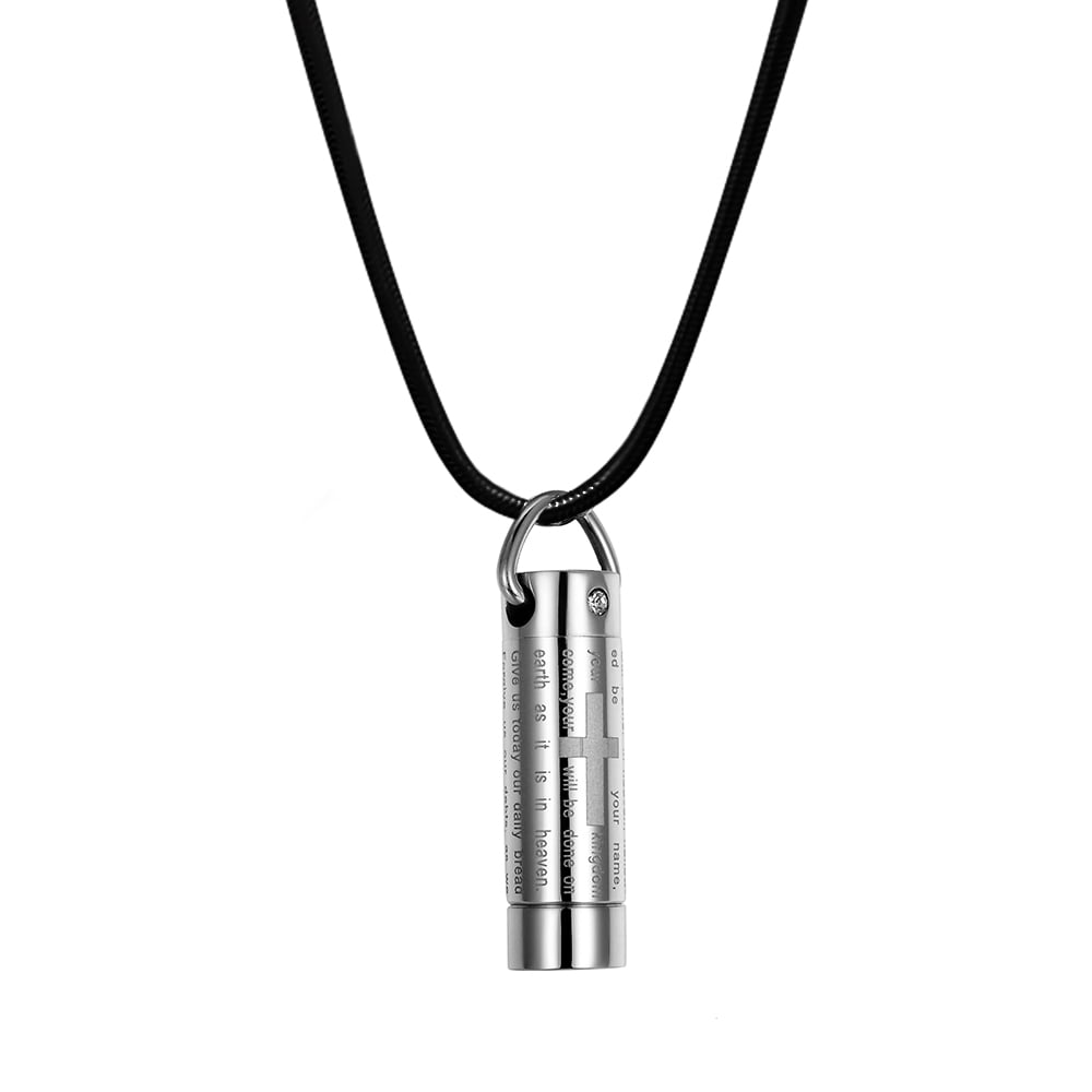 Cross Cylinder Memorial Cremation Jewelry Urn Ashes Holder Necklace with FREE Funnel Kit and Velvet Jewelry Box- [Silver Lord is Prayer]