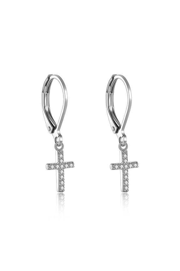 Cross Dangle Drop Earrings Sterling Silver Cross Leverback Earrings with Cubic Zirconia for Women