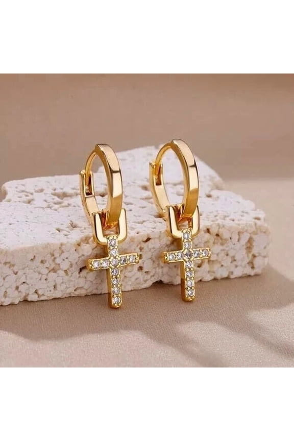 Cross Dangle Earring 14K Yellow Gold Plated 2Ct Round Cut Lab-Created Diamond Sterling Silver