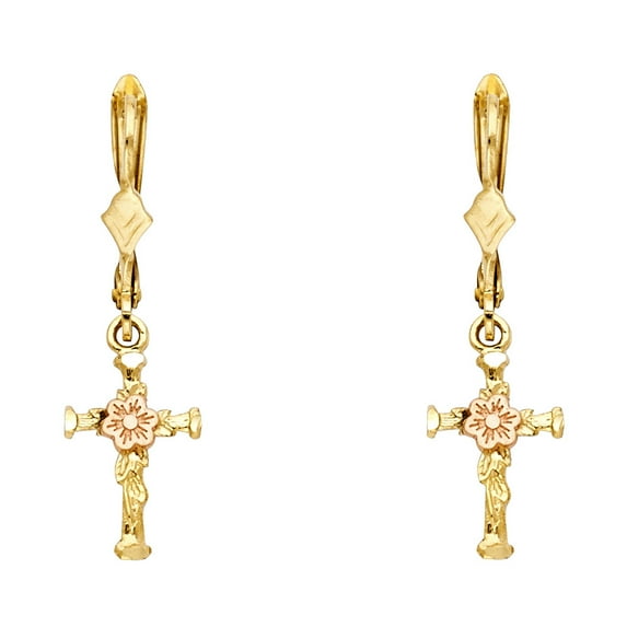 Cross Dangle Earrings 14k Yellow Rose Gold Religious Style Flower Design Diamond Cut Two Tone 15 mm