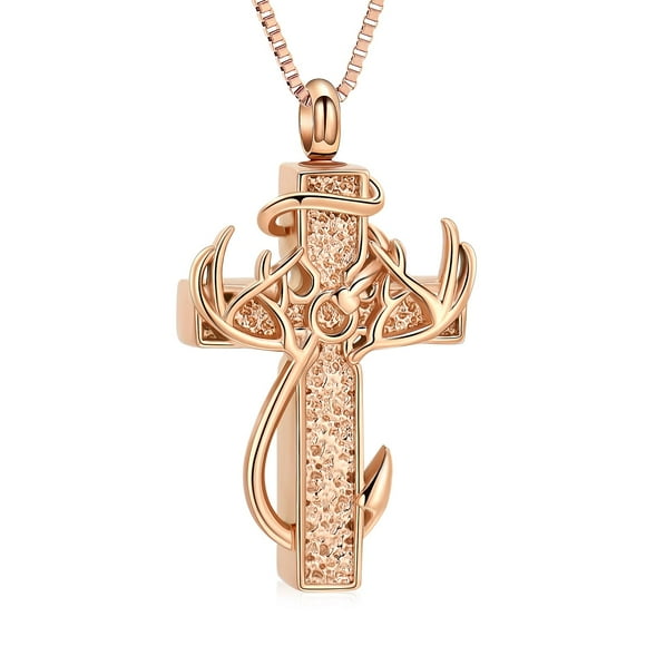 Cross & Deer Antler Cremation Necklace for Ashes Stainless Steel Fish Hook Cremation Urn Necklace Memorial Keepsake Jewelry for Men Women