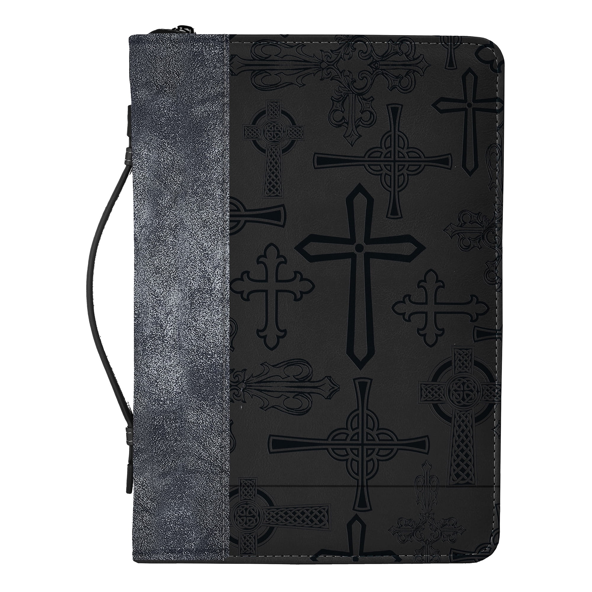 Cross Design Midnight Black and Silver Tone Large Faux Leather Bible Cover