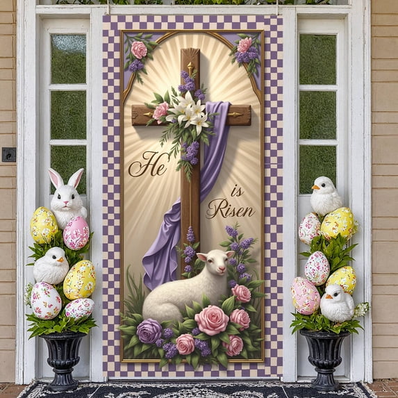 Cross Design He is Risen Banner Purple Fabric Easter Cross Display White Lamb Pink Roses Resurrection Backdrop for Easter Party Church Service Religious Gathering