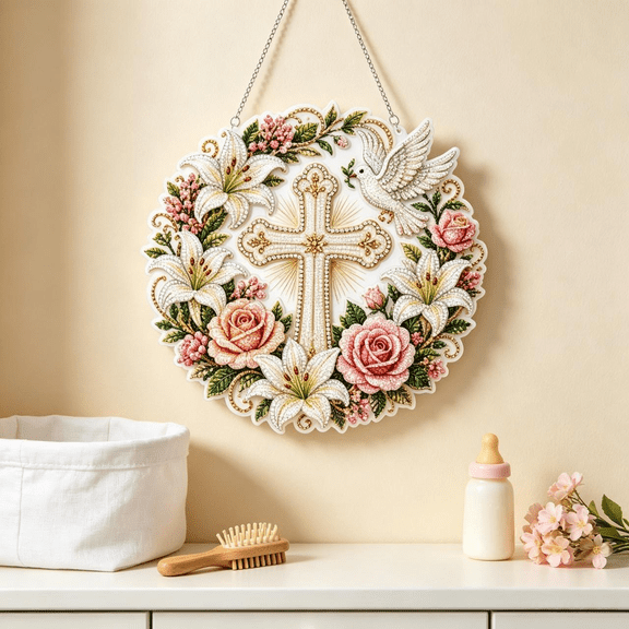 Cross Diamond Art Suncatcher Mosaic Craft Kits for Adults, 10" Acrylic Flowers & Peace Dove Diamond Art Hanging Ornament Kit, 5D Special Shape Rhinestone Christian Window Decor