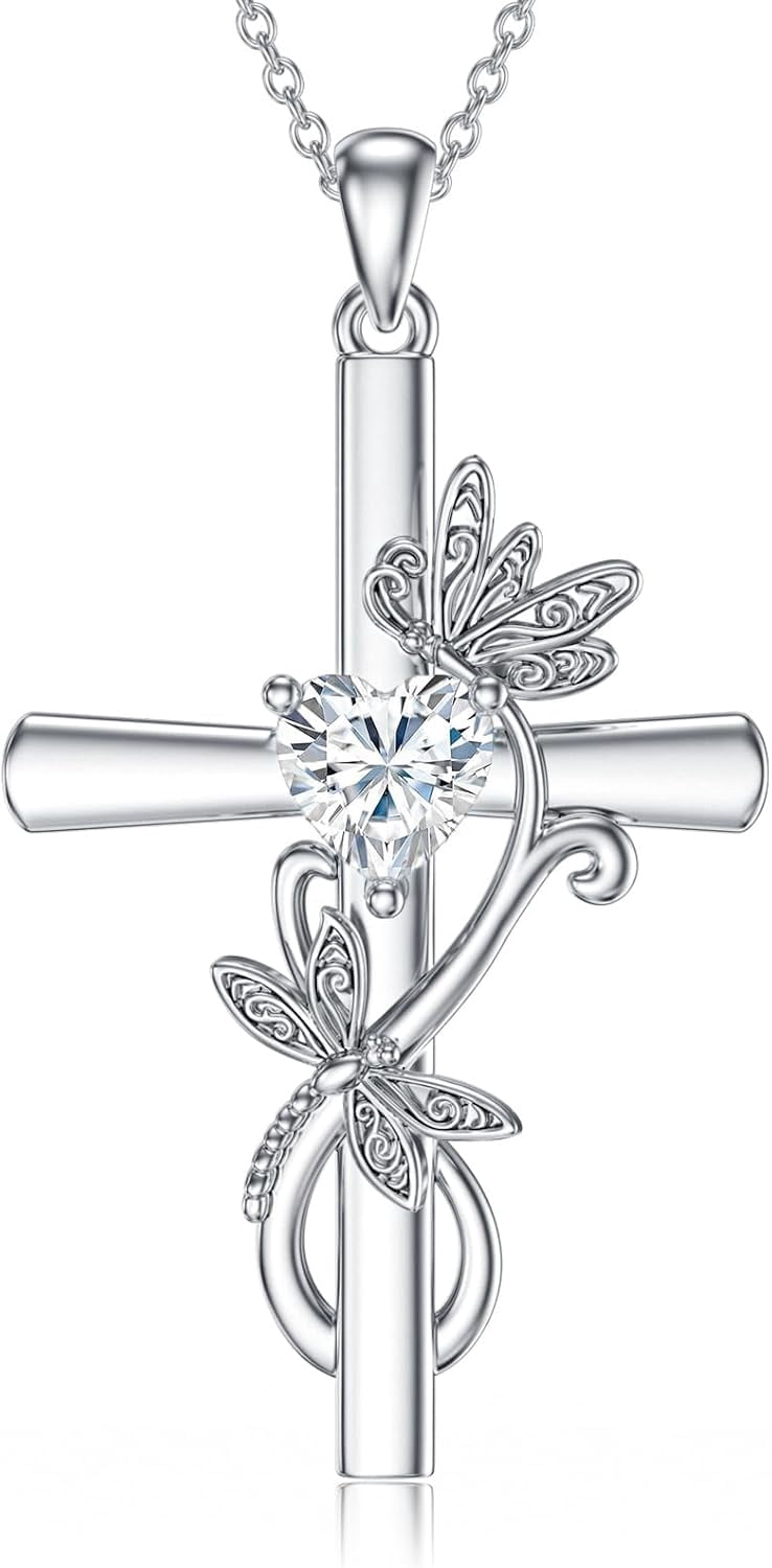 Cross Diamond Birthstone Necklace 925 Sterling Silver Cross Pendant Necklace with April Birthstone Faith Religious Birthday Jewelry Gift for Women Her