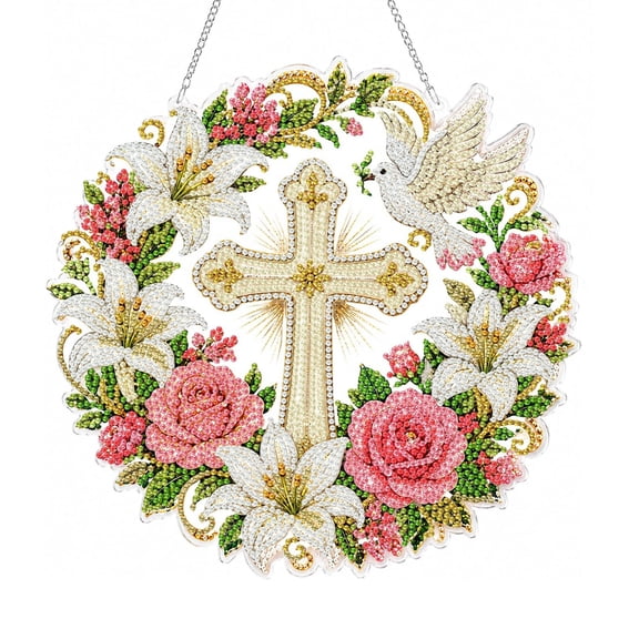 Cross Dove Floral Diamond Art Hanging Suncatcher Kit, DIY Special Drill Diamond Painting Ornament, Christian Religious Rhinestone Craft Kit for Window Home Decoration