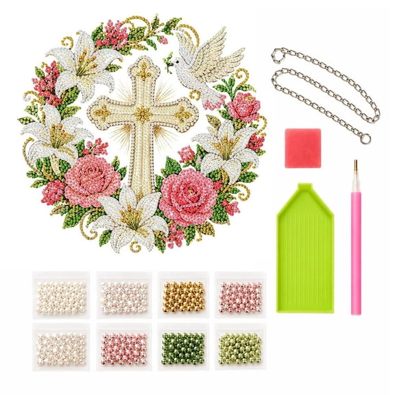 Cross Dove Rhinestone Wreath Kit, Acrylic DIY Hanging Ornament with Lily & Rose Floral Design, Religious Home Decor for Door, Window, Wall, Easter & Christmas Gift