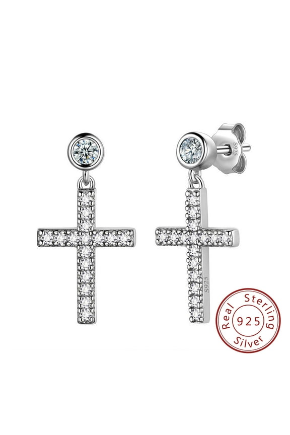 Cross Earrings 925 Sterling Silver Stud Earrings Christian Religious Jewelry Dangle Drop Earring Round CZ Women Easter Gifts