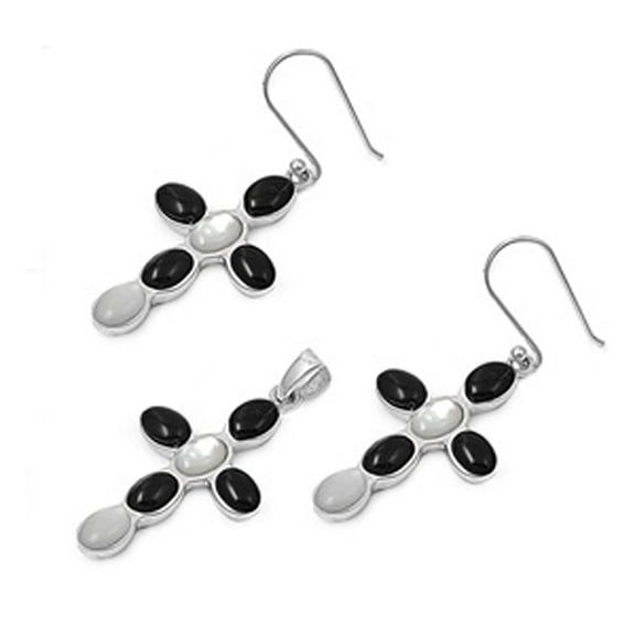 Cross Earrings Black Simulated Onyx Simulated Mother of Pearl .925 Sterling Silver Pendant Set Female