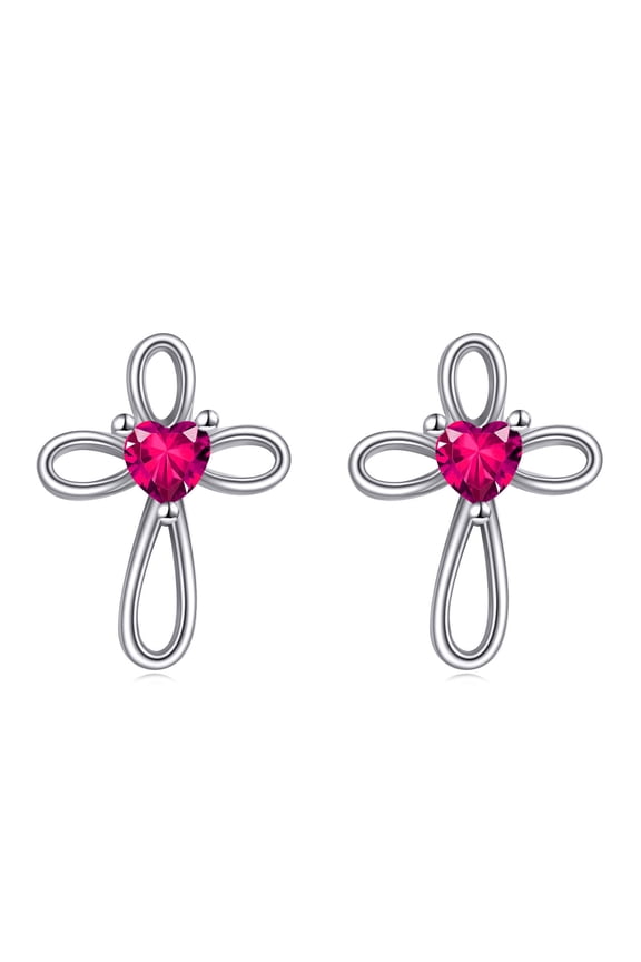 Cross Earrings S925 Sterling Silver July Birthstone Ruby Heart Cross Stud Earrings Religious Christian Baptism Jewelry First Communion Day Gifts for Women