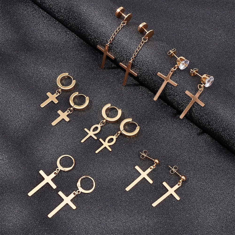 14K Gold Plated Cross Dangle Huggie Earrings For Women - CZ Stones, Dainty Everyday Hoop Earrings