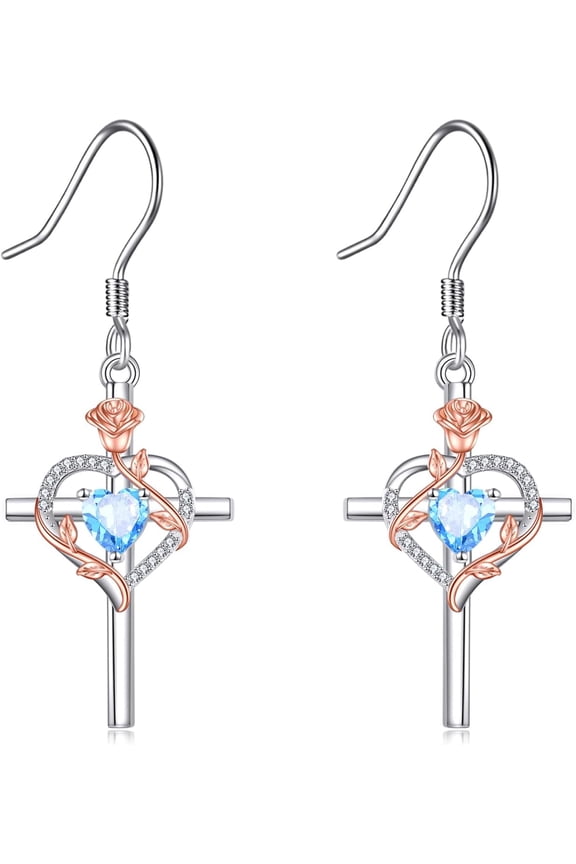Cross Earrings for Women 925 Sterling Silver Rose Heart Crucifix Dangle Earrings, Birthstone Leverback, Anniversary Birthday Christmas Jewelry Gifts for Mother Wife Sister Her