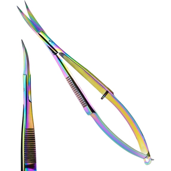 Cross Edge Curved Spring Scissors 5 Inch Stainless Steel Precision Eyebrow & Eyelash Shaping & Trimming Scissor, Snips Squeeze, Embroidery, Knitting Micro Tip Craft Scissors (Rainbow)