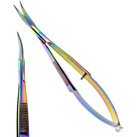 Cross Edge Curved Spring Scissors 5 Inch Stainless Steel Precision Eyebrow & Eyelash Shaping & Trimming Scissor, Snips Squeeze, Embroidery, Knitting Micro Tip Craft Scissors (Rainbow)