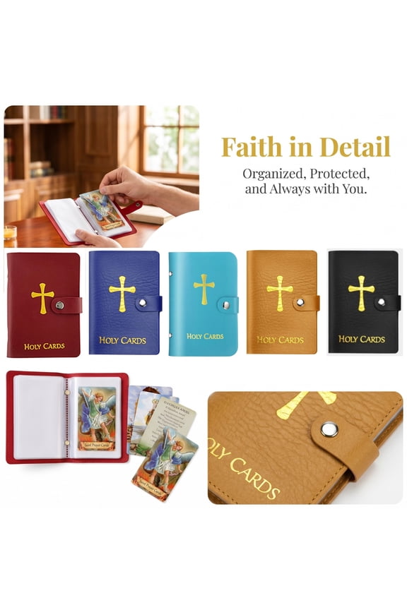 Cross Embossed Holy Card Wallet, Holds 40 Cards with 54 Assorted Prayer Cards, Faux Leather Snap Closure for Church & Personal Devotion