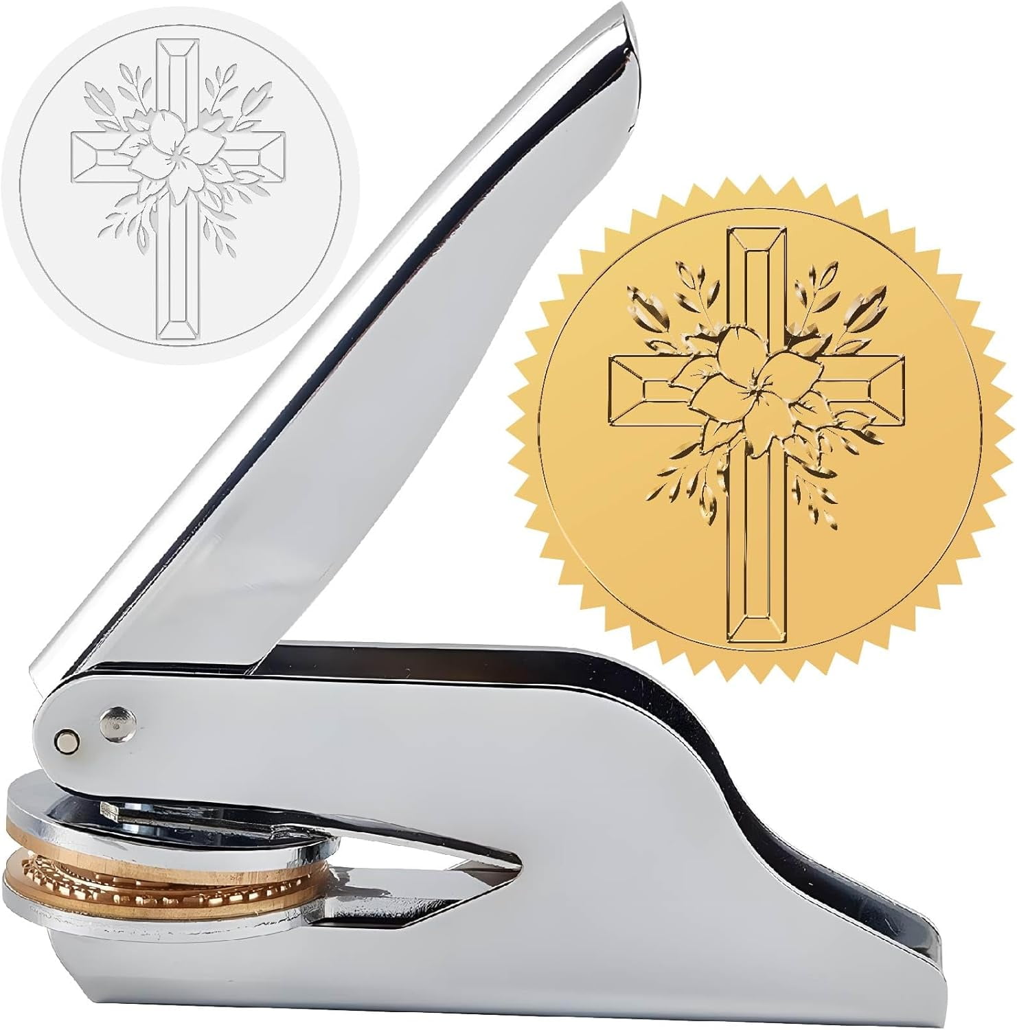 Cross Embossed Stamp Flower Book Ex Libris Library 1.6in Stainless Steel Seal Stamper Hand Held Embosser Bookish Teacher Notary for Graduation Gift Envelopes Wedding Invitation Paper Napkin