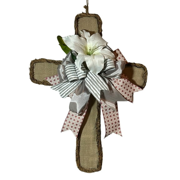 Cross Fabric and Grapevine Wreath, Easter Wreath