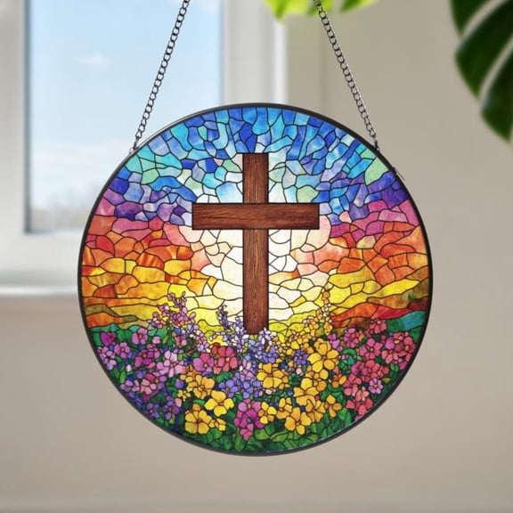 Cross Faux Stained Glass Acrylic Suncatcher, Window Hanging Decor, Christian Faith Gift