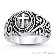 ALFRED & VINCENT Cross & Filigree Christian Catholic Charm 3mm to 11mm Signet-Style Women's Ring in Oxidized .925 Sterling Silver