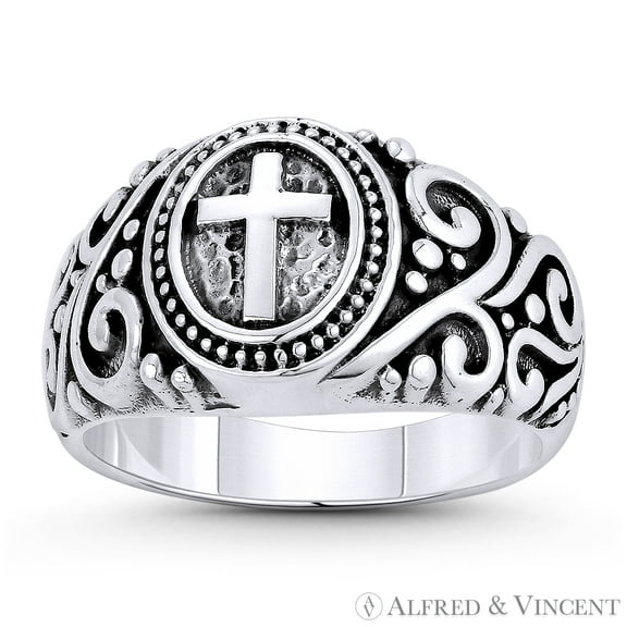 Cross & Filigree Christian Catholic Charm 3mm to 11mm Signet-Style Women's Ring in Oxidized .925 Sterling Silver
