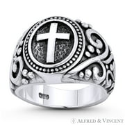 ALFRED & VINCENT Cross & Filigree Christian Catholic Charm 5mm to 16mm Signet-Style Men's Ring in Oxidized .925 Sterling Silver
